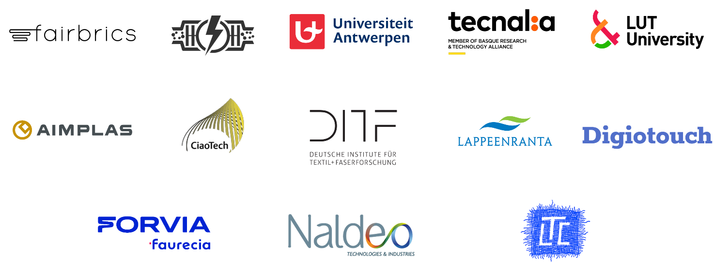 Logos of Threading CO2 partners: Fairbrics (FAIR), Applied Electrochemistry and Catalysis (ELCAT), Tecnalia – TEC, LUT University, AIMPLAS-AIMPLAS, PNO Ciaotech srl (CIAOTECH), Deutsche Institute für Textil- und Faserforschung Denkendorf (DITF), City of Lappeenranta, Naldeo Technologies and Industries - Nal, Digiotouch (DIGI), FORVIA - Faurecia Automotive Seating, Triple Helix SurePure (SURE), LES TISSAGES DE CHARLIEU (LTC)