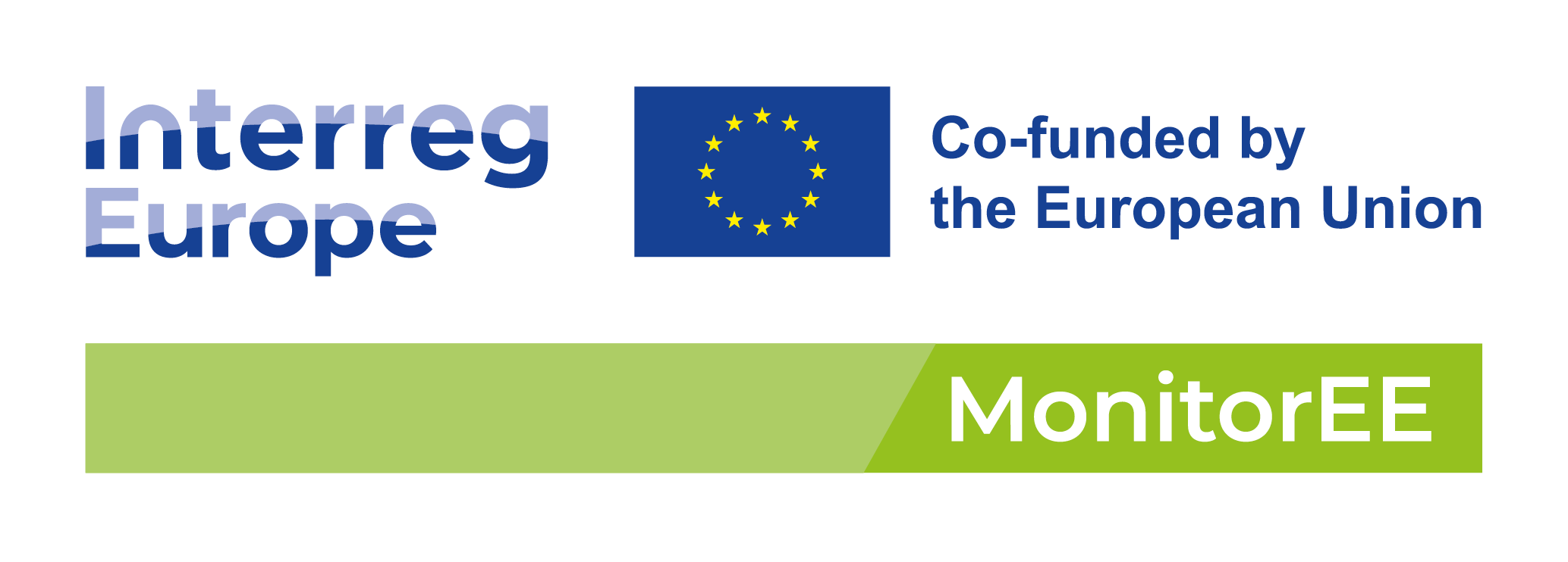 Logo, jossa teksti Interreg Europe sekö logo, jossa EU-lippu ja teksti Co-funded by the EU. Alla vihreä vaakapalkki, jonka päällä teksti MonitorEE.