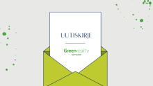 Piirroskuva, jossa vihreä aukinainen kirjekuori, josta osittain ulkona paperi. Paperissa lukee Uutiskirje ja alla Greenreality Network -logo. 