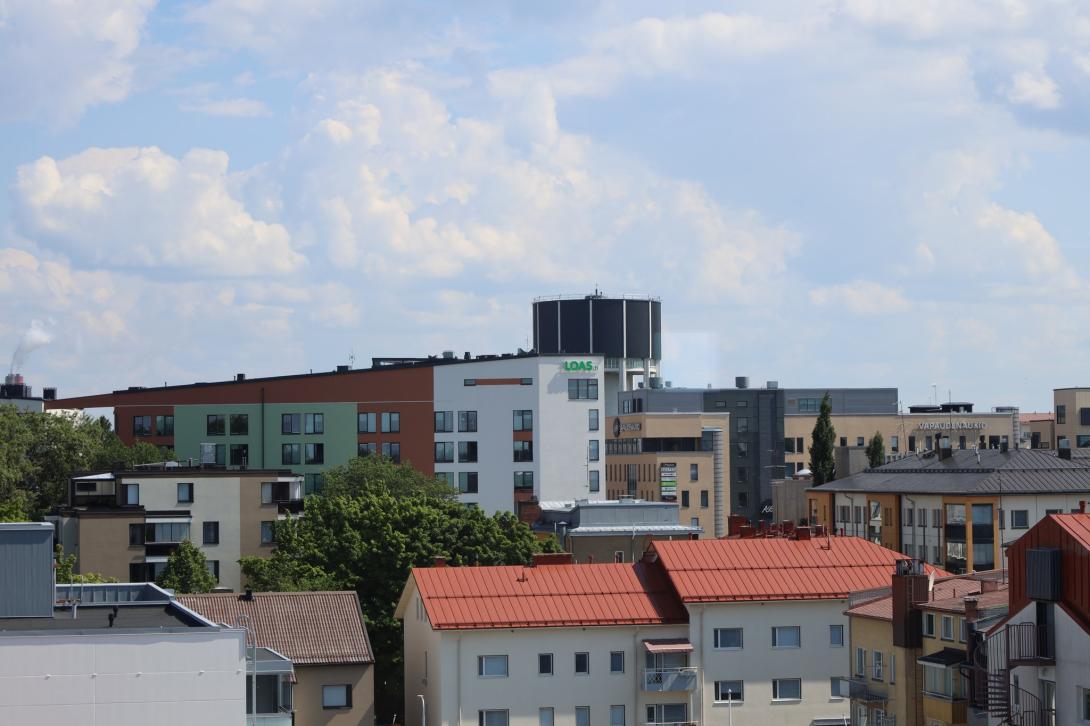 Buildings in the center of Lappeenranta at roof level and as shown above. The water tower is visible at the far end.